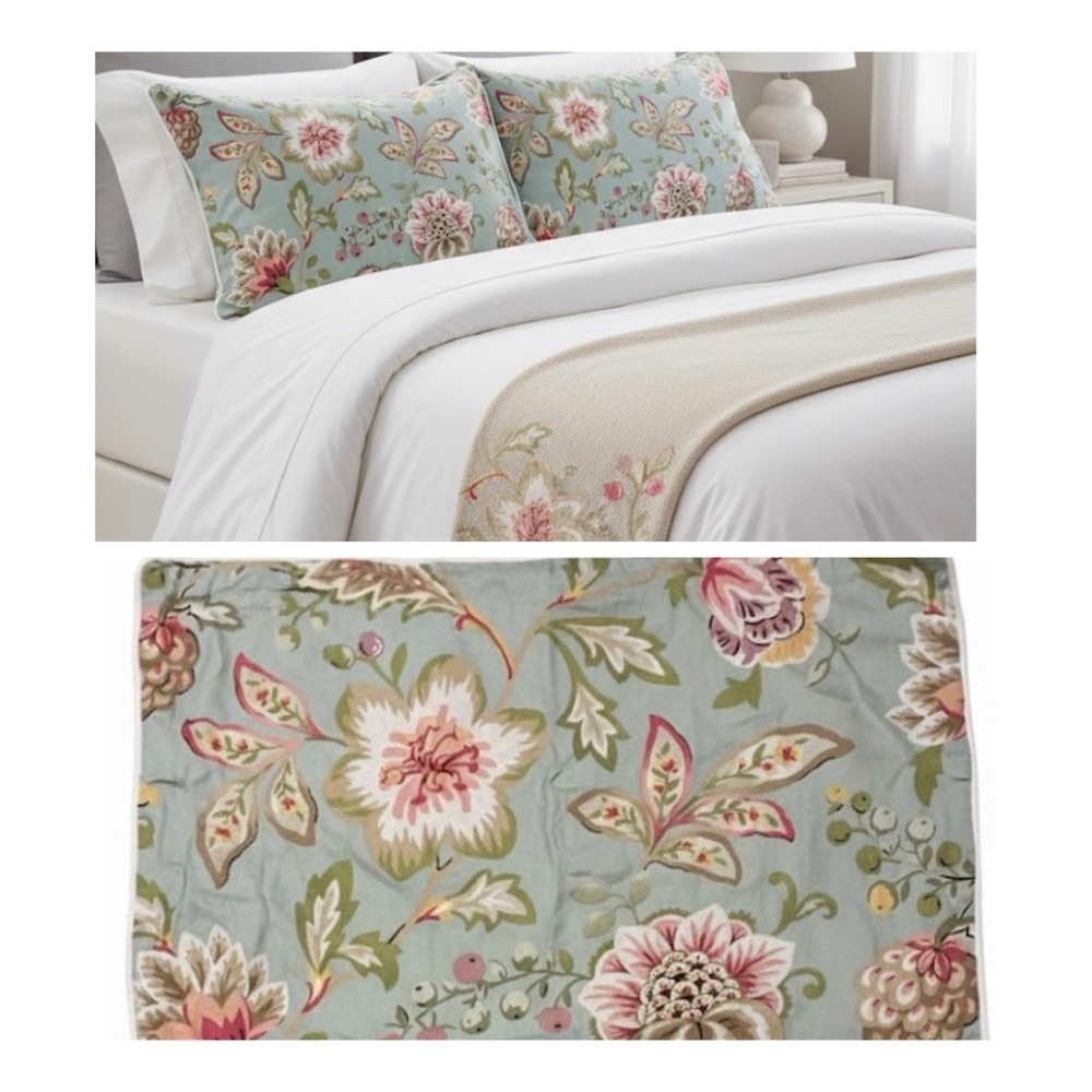 2 Raymond Waites Cotton Sateen Floral Blue Pink Standard Pillow Shams Shabby